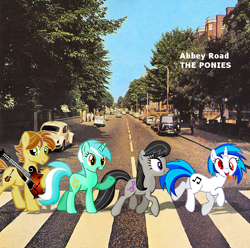 Size: 640x636 | Tagged: safe, artist:darkkon13, dj pon-3, lyra heartstrings, octavia melody, vinyl scratch, oc, oc:mandopony, earth pony, pony, unicorn, abbey road, car, cutie mark, derp, female, guitar, hooves, horn, irl, male, mare, open mouth, parody, photo, ponies in real life, smiling, stallion, street, teeth, tongue out, vector