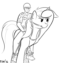 Size: 900x966 | Tagged: safe, artist:tggeko, lyra heartstrings, human, unicorn, bit, black and white, bridle, grayscale, heartstrings, monochrome, police