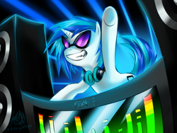 Size: 900x675 | Tagged: safe, artist:cat-cly, dj pon-3, vinyl scratch, pony, unicorn, equalizer, speakers, turntable