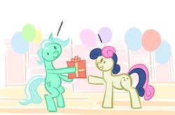 Size: 1417x931 | Tagged: safe, artist:gsphere, bon bon, lyra heartstrings, sweetie drops, earth pony, pony, unicorn, balloon, bipedal, exploitable, present, smiling