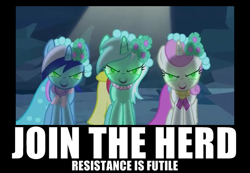 Size: 650x450 | Tagged: safe, artist:grumbeerkopp, edit, edited screencap, screencap, lyra heartstrings, minuette, twinkleshine, a canterlot wedding, crystal caverns, image macro, join the herd, reaction image, resistance is futile, royal wedding