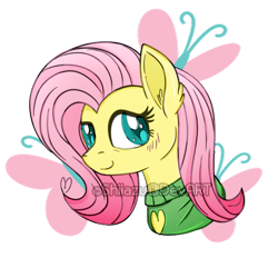 Size: 600x557 | Tagged: safe, artist:shiiazu, fluttershy, pegasus, pony, blushing, bust, clothes, cutie mark background, looking at you, looking sideways, portrait, simple background, smiling, solo, song in the description, sweater, sweatershy, transparent background