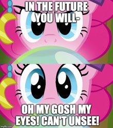 Size: 500x567 | Tagged: safe, edit, edited screencap, screencap, pinkie pie, earth pony, pony, it's about time, image macro, madame pinkie, meme, solo