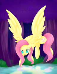 Size: 1024x1333 | Tagged: safe, artist:toffee-arts2169, fluttershy, pegasus, pony, floating, forest, looking at something, looking down, pond, reflection, solo, spread wings, wings