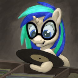 Size: 900x900 | Tagged: safe, artist:tranquilmind, dj pon-3, vinyl scratch, pony, unicorn, glasses, record, solo, wrong eye color, younger