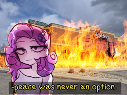 Size: 1024x768 | Tagged: safe, artist:t-0-rtured, rarity, human, equestria girls, applebee's, disaster girl, face of mercy, lidded eyes, meme, out of context, peace was never an option, rarity fighting a giant applebee's, solo, untitled goose game, wat