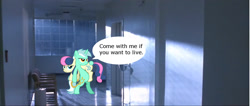 Size: 1364x580 | Tagged: safe, edit, bon bon, lyra heartstrings, sweetie drops, pony, bipedal, carrying, irl, movie, photo, ponies in real life, quote, terminator, terminator 2