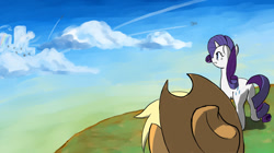 Size: 1194x669 | Tagged: safe, artist:yuwentaiji, applejack, rarity, earth pony, pegasus, pony, unicorn, cloud, offscreen rarijack