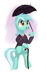 Size: 1246x2000 | Tagged: safe, artist:hieronymuswhite, lyra heartstrings, pony, unicorn, bipedal, cane, clothes, colored pupils, featureless crotch, hoof hold, like a sir, moustache, necktie, rain, simple background, solo, standing, suit, umbrella, white background