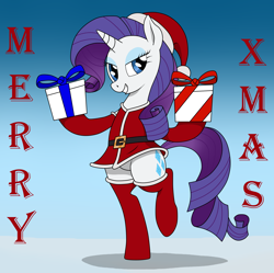 Size: 2172x2160 | Tagged: safe, artist:syscod, rarity, anthro, unicorn, arm hooves, bipedal, christmas, clothes, costume, eyeshadow, female, holiday, lidded eyes, makeup, present, santa costume, smiling, solo
