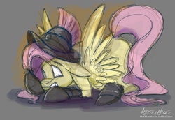 Size: 1024x704 | Tagged: safe, artist:mad--munchkin, fluttershy, private pansy, pegasus, pony, 30 minute art challenge, floppy ears, prone, scared, sketchy, solo, spread wings, watermark