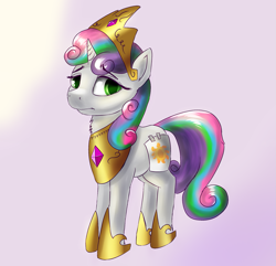 Size: 1281x1235 | Tagged: safe, artist:dukevonkessel, princess celestia, sweetie belle, pony, unicorn, clothes, cosplay, costume, fake cutie mark, female, hoof shoes, horn, jewelry, looking back, mare, solo