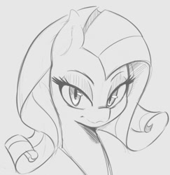 Size: 686x707 | Tagged: safe, artist:tre, rarity, pony, unicorn, female, grayscale, mare, missing horn, monochrome, simple background, sketch, solo, white background