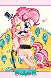 Size: 1988x3054 | Tagged: safe, artist:sararichard, idw, pinkie pie, earth pony, pony, advertisement, balloon, bipedal, cane, halloween comicfest, hat, idw advertisement, preview, solo, top hat