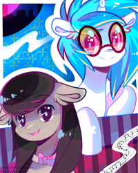 Size: 534x667 | Tagged: safe, artist:pekou, dj pon-3, octavia melody, vinyl scratch, earth pony, pony, music notes, shiny