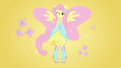 Size: 680x383 | Tagged: safe, screencap, fluttershy, butterfly, equestria girls, equestria girls (movie), boots, cute, cutie mark, fall formal outfits, high heel boots, one eye closed, ponied up, ponytail, solo, sparkles, wings, wink