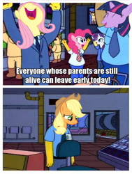 Size: 1036x1374 | Tagged: safe, screencap, applejack, fluttershy, pinkie pie, rarity, twilight sparkle, earth pony, pegasus, pony, unicorn, flutter brutter, image macro, meme, my parents are dead, op is a cuck, sad, the simpsons, we are going to hell