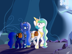 Size: 1024x768 | Tagged: safe, artist:mapleiciousmlp, princess celestia, princess luna, alicorn, pony, female, mare, royal sisters, saddle bag