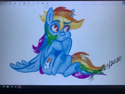 Size: 1280x960 | Tagged: safe, artist:dufflebags, derpibooru import, rainbow dash, pegasus, pony, bored, female, hoof on cheek, looking away, looking up, mare, pacman eyes, photo of computer screen, sitting, solo, three quarter view, underhoof, wings, wings down