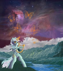 Size: 2932x3328 | Tagged: safe, artist:owlvortex, lyra heartstrings, pony, unicorn, bipedal, lyre, magic, music, music notes, night, ocean, scenery, scenery porn, smiling, solo, wave