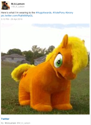 Size: 524x715 | Tagged: safe, applejack, the cutie map, award, award show, hugo awards, larson you magnificent bastard, m.a. larson, meta, quadsuit, twitter