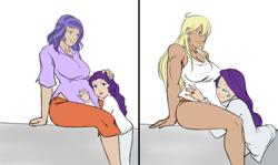 Size: 1280x763 | Tagged: safe, artist:eve-ashgrove, applejack, cookie crumbles, rarity, human, age progression, alternative cutie mark placement, applejacked, applerack, belly, big breasts, breasts, dark skin, family, female, humanized, lesbian, magical lesbian spawn, muscles, offspring, pregnant, rarijack, ring, shipping