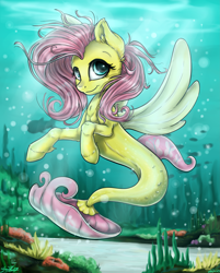 Size: 3767x4683 | Tagged: safe, artist:gaelledragons, fluttershy, pony, seapony (g4), my little pony: the movie, absurd resolution, female, mare, ocean, seaponified, seapony fluttershy, solo, species swap, underwater, watershy