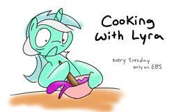 Size: 1031x663 | Tagged: safe, artist:grilledcat, lyra heartstrings, pony, unicorn, :c, bowl, cooking, female, frown, hoof hold, mare, panic, shrunken pupils, solo