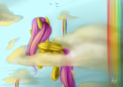 Size: 1024x724 | Tagged: safe, artist:julunis14, fluttershy, pegasus, pony, cloud, prone, rainbow waterfall, solo