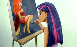 Size: 1632x1000 | Tagged: safe, artist:riadorana, derpibooru import, twilight sparkle, human, clothes, easel, humanized, painting