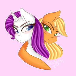 Size: 2000x2000 | Tagged: safe, artist:trixiestrix, applejack, rarity, earth pony, pony, unicorn, bust, female, lesbian, portrait, rarijack, shipping, simple background