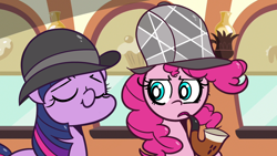 Size: 1280x720 | Tagged: safe, artist:turtlefarminguy, derpibooru import, pinkie pie, twilight sparkle, earth pony, pony, unicorn, mmmystery on the friendship express, bubble pipe, deerstalker, duo, female, hat, mare, scene interpretation