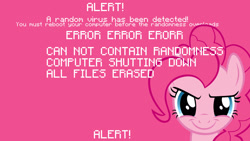 Size: 1920x1080 | Tagged: safe, artist:blissfulbiscuit, artist:jlryan, derpibooru import, pinkie pie, earth pony, pony, bust, computer virus, computer virus pony, error message, looking at you, pink background, rapeface, simple background, solo, vector, wallpaper