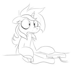 Size: 1114x998 | Tagged: safe, artist:owl-eyes, lyra heartstrings, pony, unicorn, black and white, computer, computer mouse, drool, grayscale, keyboard, monochrome, simple background, solo, white background, wide eyes