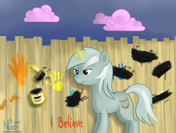 Size: 1600x1200 | Tagged: safe, artist:cwossie, lyra heartstrings, pony, unicorn, cloud, discorded, fence, humie, magic, paint, paintbrush, solo, telekinesis