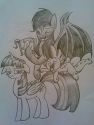 Size: 450x600 | Tagged: safe, artist:zigragirl, derpibooru import, spike, twilight sparkle, twilight sparkle (alicorn), oc, oc:shadow leap, alicorn, bat pony, dragon, pony, book, female, floppy ears, irc, laughing, male, mare, monochrome, pencil drawing, stallion, traditional art