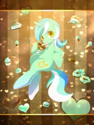 Size: 600x800 | Tagged: safe, artist:mask-seaslug, lyra heartstrings, pony, unicorn, cake, candy, chocolate, cupcake, donut, drink, drinking, food, heart, ice cream, looking at you, solo