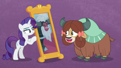 Size: 1920x1080 | Tagged: safe, edit, edited screencap, screencap, lord tirek, rarity, yona, pony, unicorn, yak, frenemies (episode), she's all yak, better way to be bad, bow, cloven hooves, duo, female, fit right in, hair bow, mare, meme, mirror, purple background, simple background