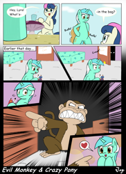 Size: 1200x1650 | Tagged: safe, artist:tikyotheenigma, bon bon, lyra heartstrings, sweetie drops, earth pony, pony, unicorn, bag, bed, bedroom, closet, comic, comic sans, crossover, cute, evil monkey, eyes on the prize, family guy, female, floppy ears, frown, gritted teeth, heart, looking back, lyrabetes, mare, open mouth, pointing, sharp teeth, smiling, teeth, wide eyes