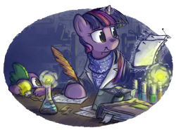 Size: 1000x740 | Tagged: safe, artist:onkelscrut, derpibooru import, spike, twilight sparkle, dragon, bauble, beaker, book, christmas, christmas ornament, clothes, erlenmeyer flask, levitation, pin, quill, science, sweater, test tube