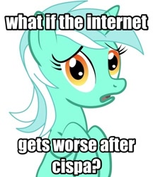 Size: 436x504 | Tagged: safe, lyra heartstrings, pony, unicorn, cispa, conspiracy lyra, exploitable meme, female, green coat, horn, looking at you, mare, meme, open mouth, simple background, solo, text, two toned mane, white background