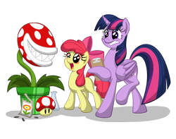 Size: 5700x4500 | Tagged: safe, artist:template93, derpibooru import, apple bloom, twilight sparkle, twilight sparkle (alicorn), alicorn, pony, absurd resolution, contest, crossover, female, fire flower, frown, grin, gritted teeth, imminent vore, mare, open mouth, piranha plant, power-up, raised leg, smiling, super mario bros., super mushroom, this will end in pain, welovefine