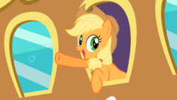 Size: 1280x720 | Tagged: safe, screencap, applejack, earth pony, pony, the last roundup, animated, blinking, cute, excited, friendship express, jackabetes, smile and wave, smiling, train, waving