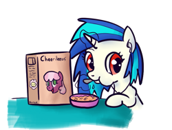 Size: 669x505 | Tagged: safe, artist:nasse, cheerilee, dj pon-3, vinyl scratch, pony, unicorn, cereal, cheerios