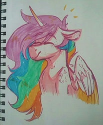 Size: 600x725 | Tagged: safe, artist:eggoat, artist:eggoatt, princess celestia, alicorn, pony, colored wings, eyes closed, female, mare, smiling, solo, traditional art