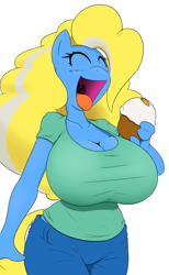 Size: 1179x1920 | Tagged: safe, artist:angelthecatgirl, oc, oc only, oc:pixie, anthro, earth pony, anthro oc, big breasts, breasts, cleavage, cupcake, eyes closed, female, huge breasts, solo