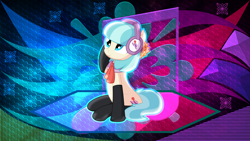 Size: 5120x2880 | Tagged: safe, artist:cyanlightning, artist:laszlvfx, derpibooru import, edit, coco pommel, earth pony, pony, clothes, cocobetes, cute, female, headphones, mare, sitting, smiling, socks, solo, wallpaper, wallpaper edit