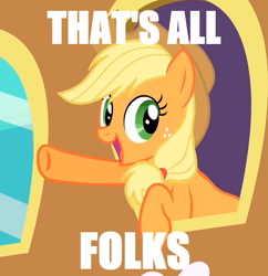 Size: 690x714 | Tagged: safe, screencap, applejack, earth pony, pony, the last roundup, image macro, meme, that's all folks, waving