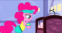 Size: 1360x730 | Tagged: safe, screencap, pinkie pie, pony, a friend in deed, crib, rearing, solo, workout outfit