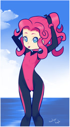 Size: 600x1080 | Tagged: safe, artist:drantyno, pinkie pie, human, breasts, colored pupils, delicious flat chest, diving suit, female, humanized, ocean, solo, wetsuit